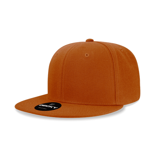A structured snapback cap in a rich orange colour, featuring a flat brim and a logo on the front.