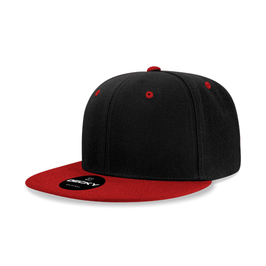 A black and red 6 panel high profile structured snapback cap with a branded logo on the front.