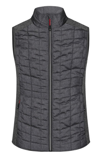 A grey knitted hybrid vest featuring a zip front and standing collar, with a textured design and side pockets.
