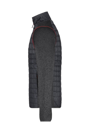 A grey and black mens knitted hybrid jacket with a quilted design and a side view showcasing the fabric texture.