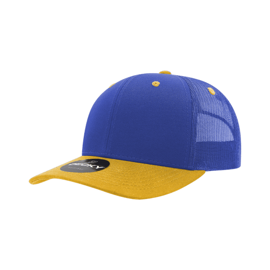 A blue and yellow 6 panel mid profile structured trucker cap with a mesh back and a logo.