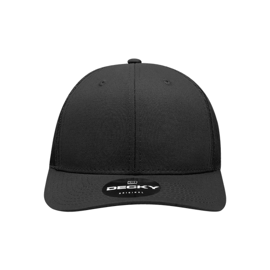 A black structured trucker cap with a mid-profile design and a logo on the front.