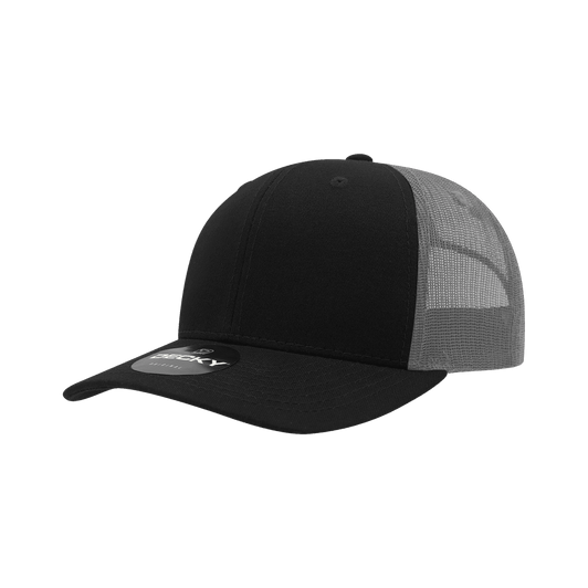A black trucker cap with a mid-profile structure and grey mesh back, featuring a logo on the front.