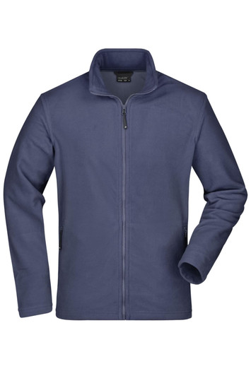 A navy fleece jacket featuring a zip and long sleeves, with side pockets and a collar, includes a logo.