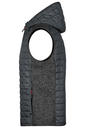 A men's knitted hybrid vest in dark grey, featuring a hood and quilted design with an open armhole.