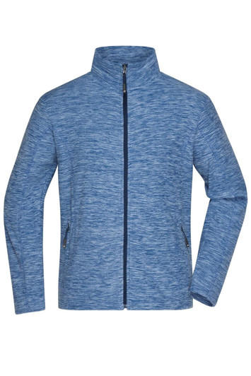 A blue polar fleece jacket with a stand collar and zippered front, featuring side pockets. It has a logo on one side.