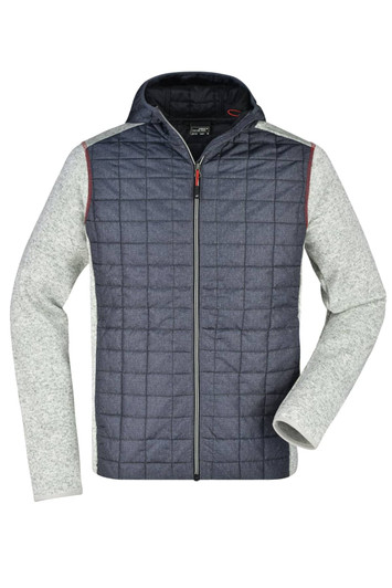 A men's knitted hybrid jacket featuring grey sleeves and a navy quilted body, with a hood and a zipped front.