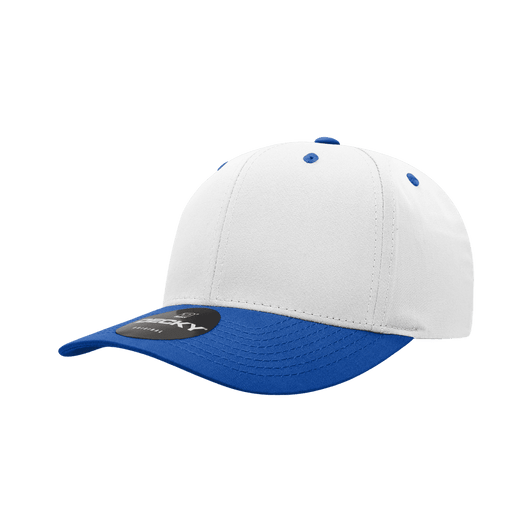 A structured 6 panel cap featuring a white body and a blue peak, with a logo on the front.