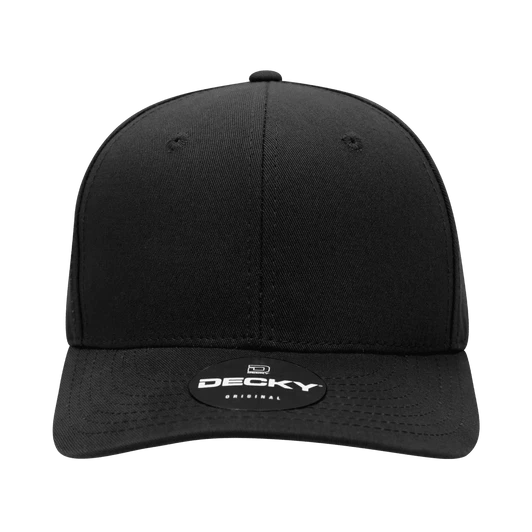 A black structured cap with a mid-profile and a logo on the front.