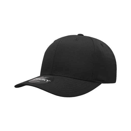 A black 6 panel mid profile structured cap with a curved brim and a logo on the side.
