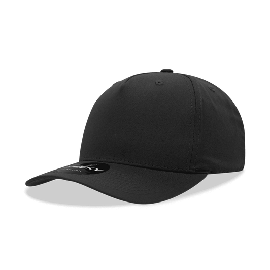 A black 5-panel mid-profile structured cap with a circular logo on the front.