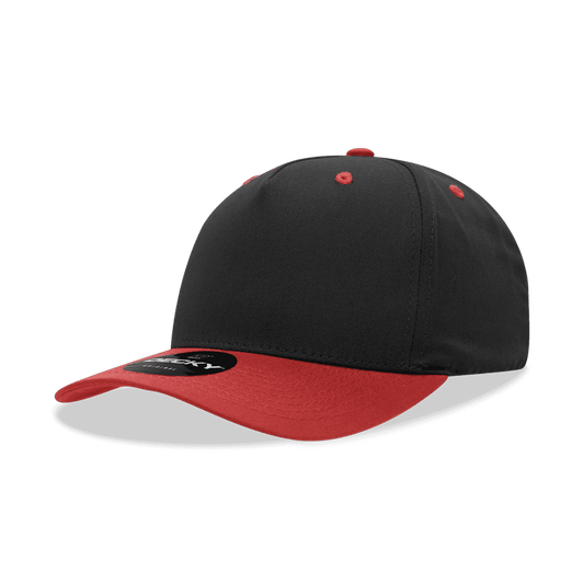 A black and red 5-panel mid-profile structured cap with a curved brim and a logo on the front.