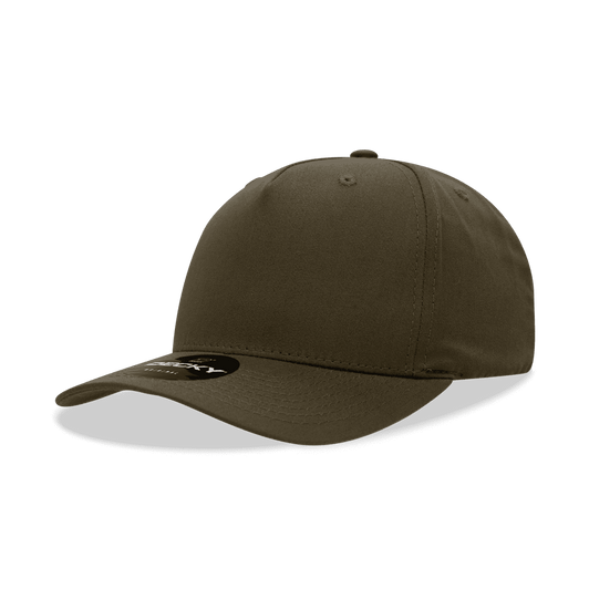 A 5-panel mid-profile structured cap in olive green featuring a logo on the front.