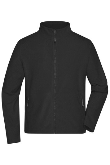 A black men's fleece jacket with a zip front and two side pockets, featuring a logo on the chest.