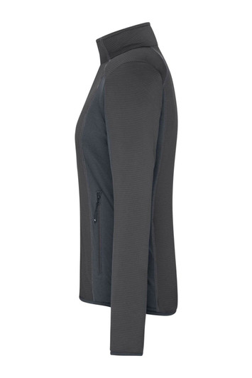 A grey polar fleece jacket featuring a high collar and zippered side pockets. It has a logo on the fabric.