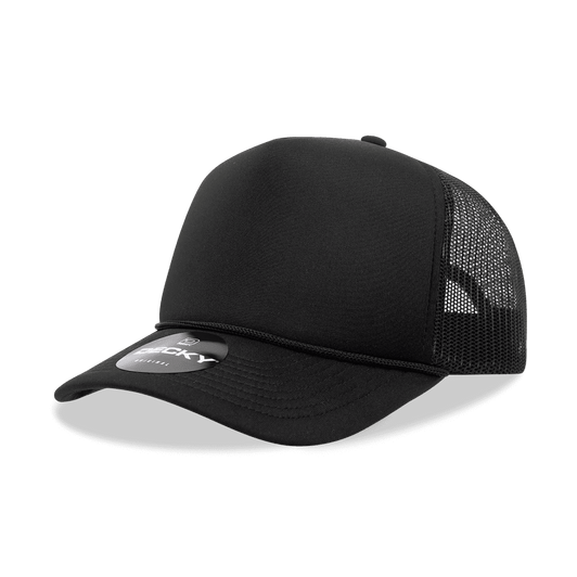 A black foam trucker cap with a structured mid-profile and mesh panels. It includes a logo on the front.