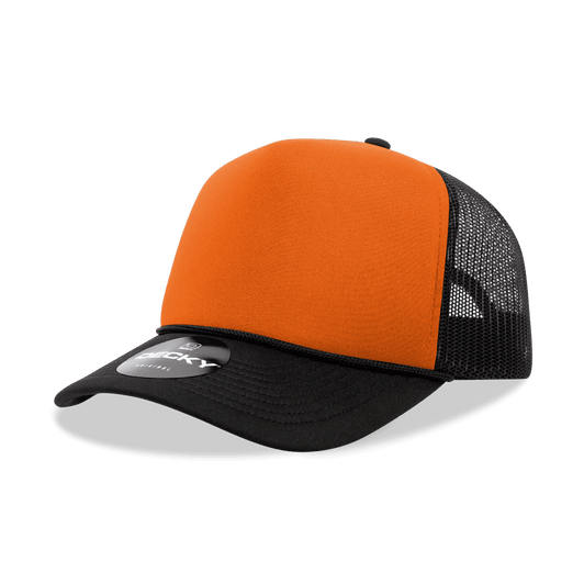 An orange and black 5 panel mid profile structured foam trucker cap with a mesh back and a branded tag.