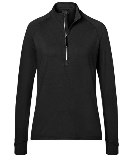 A black ladies' sports shirt with a half-zip collar and long sleeves, featuring a small logo.