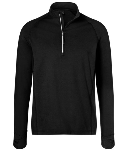 A men's half-zip sports shirt in black, featuring long sleeves and a branded logo.