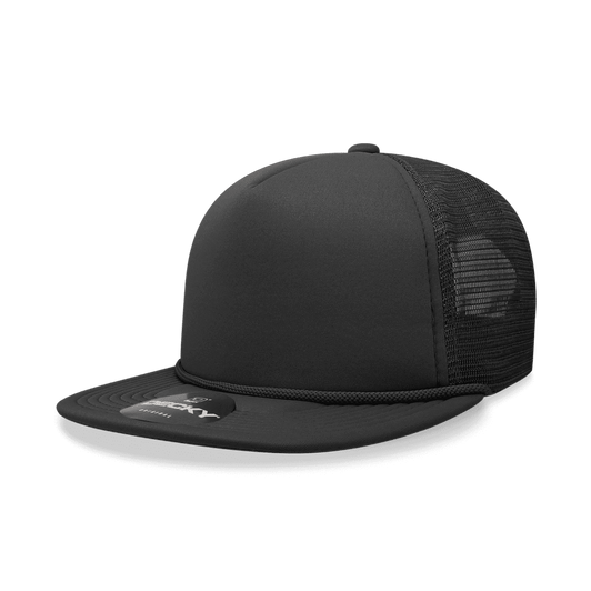 A black 5-panel high profile structured foam trucker hat with mesh sides and a branded label on the front.