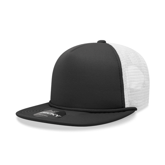 A high-profile structured foam trucker cap in black and white with a logo on the front.