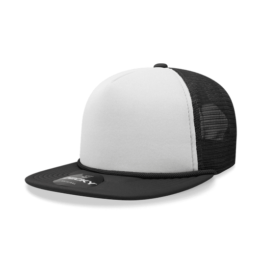 A black and white 5 Panel High Profile Structured Foam Trucker cap with mesh sides and a logo.