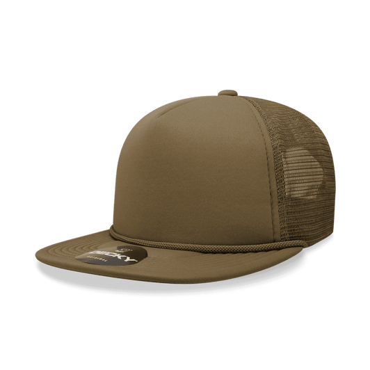 A high-profile structured foam trucker cap in olive green with a mesh back and a branding logo.