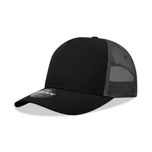 A black 5 panel mid-profile structured trucker cap with a mesh back and a logo on the front.