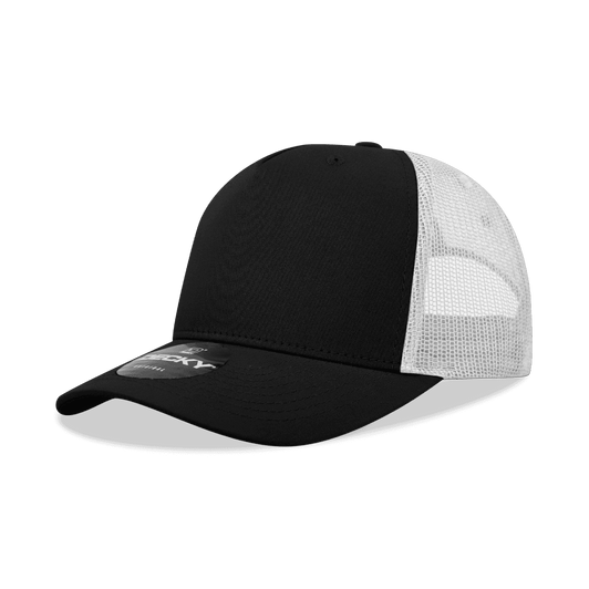 A black five-panel mid-profile structured trucker cap with a mesh back and a logo on the front.