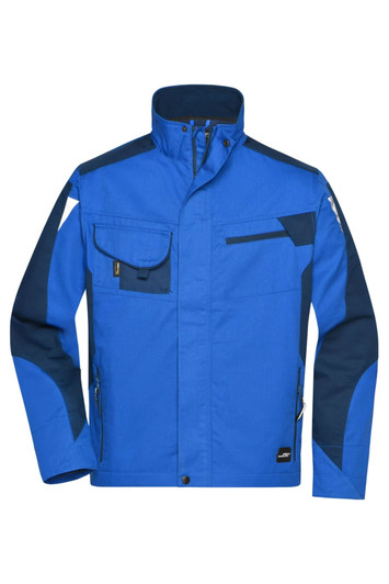 A blue and navy workwear jacket featuring various pockets and a collar, with a logo on it.