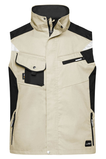 A beige and black work vest featuring multiple pockets and reflective elements, with a logo on it.
