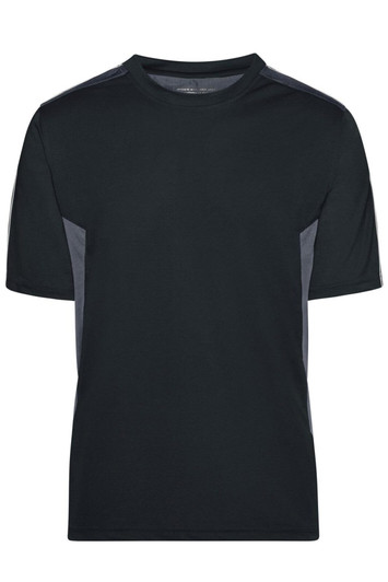 A black T-shirt with grey side panels, featuring a logo on the front. Suitable for casual wear.