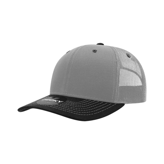A grey and black structured trucker cap featuring a mesh back and a curved brim. It has a logo on the front.