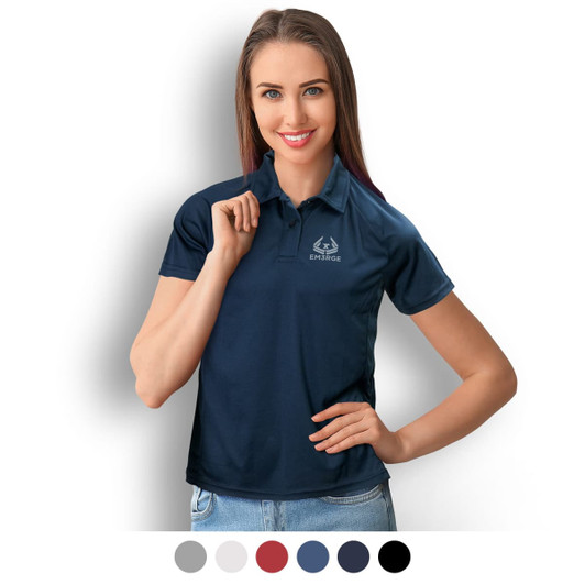 A woman wearing a navy polo shirt with a logo, showcasing various colour options at the bottom.