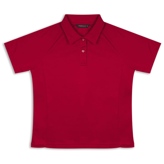 A red TRENDSWEAR Ace Performance women's polo shirt featuring a collar and a logo.