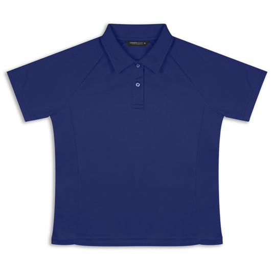 A navy blue women's polo shirt with a collar and short sleeves, featuring a logo on the chest.