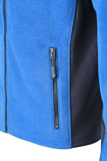 A blue fleece jacket featuring a zippered pocket on the side and a black panel. It includes branding.