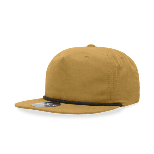 A high-profile, relaxed rope hat in a mustard yellow colour with a black stripe, featuring a logo on the front.