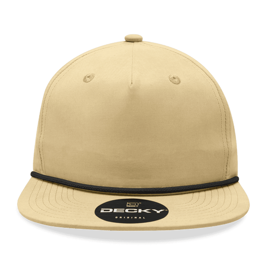 A high-profile, relaxed 5-panel hat in khaki with a black rope accent and a logo on the front.
