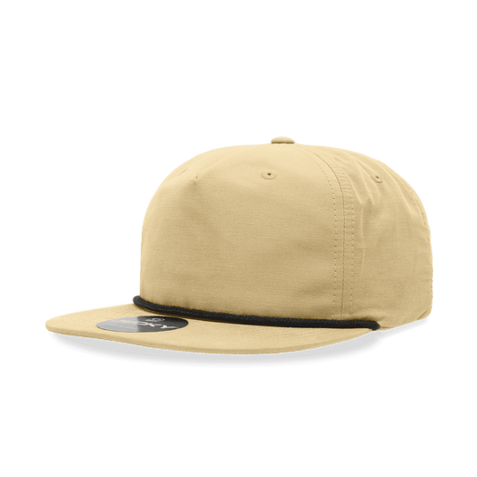A high-profile relaxed rope hat in a light tan colour with a black accent on the brim. Features a logo.