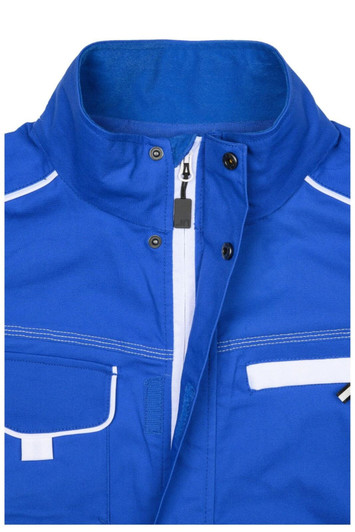 A blue workwear jacket featuring a zip closure, pocket details, and contrasting white stitching. It has a brand logo.