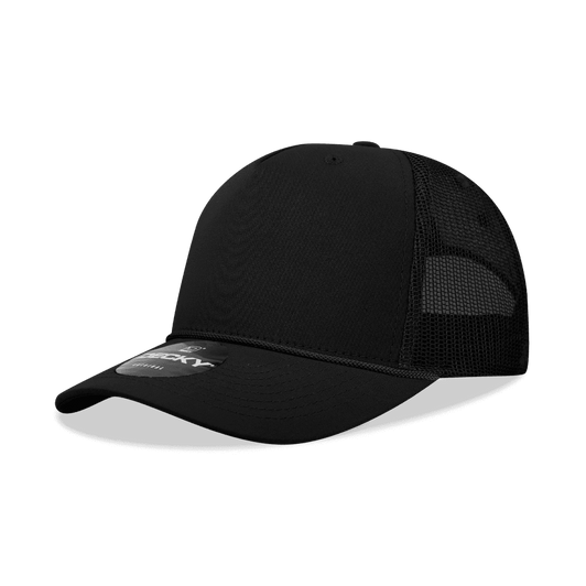 A high-profile structured trucker cap in black, featuring mesh side panels and a branded logo.