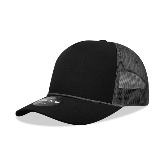 A black high-profile structured trucker cap featuring a mesh back and a logo.