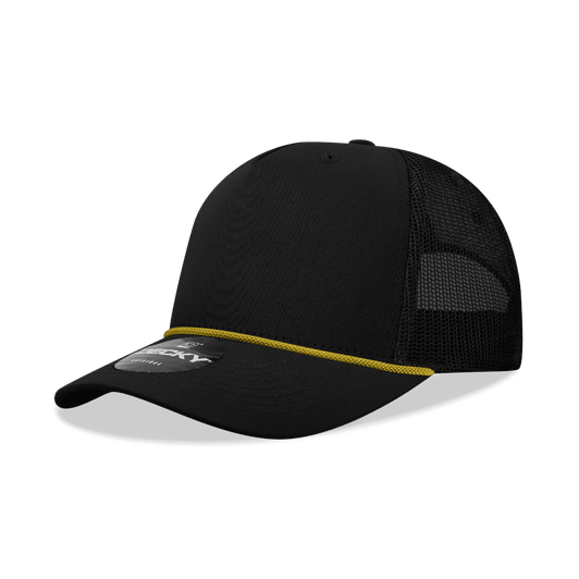 A black 5-panel trucker cap with a structured front and yellow rope detail. It features mesh side panels and a logo.