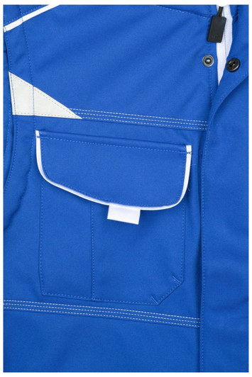 A blue workwear softshell vest featuring a front pocket and contrasting white stitching. It has a logo on the chest area.