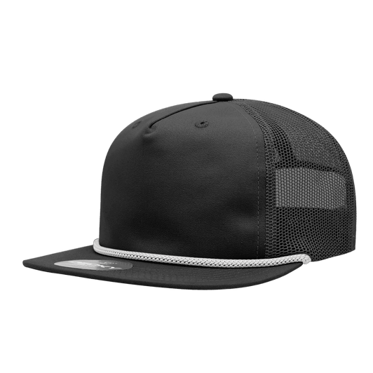 A black high-profile relaxed trucker hat with a mesh back and a white rope detail along the front.