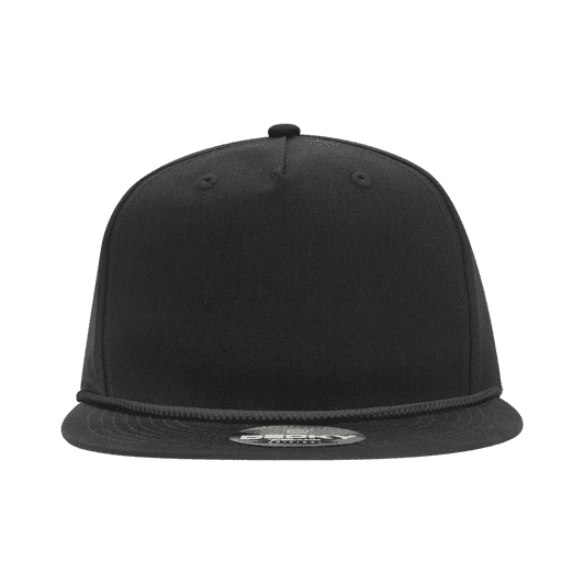 A black 5 Panel High Profile Relaxed Rope Hat with a flat peak and a logo on the front.