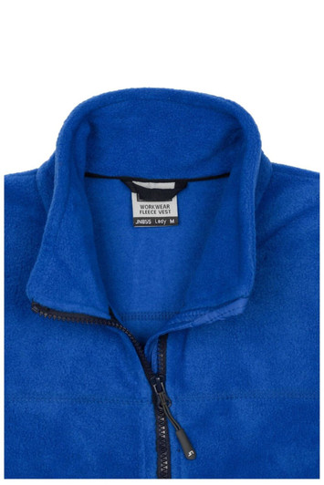 A blue fleece vest featuring a zippered front and a high collar, with a tag indicating the size.