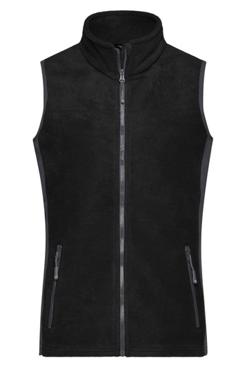A black fleece vest with a high collar and two zippered pockets, featuring a logo on the side.