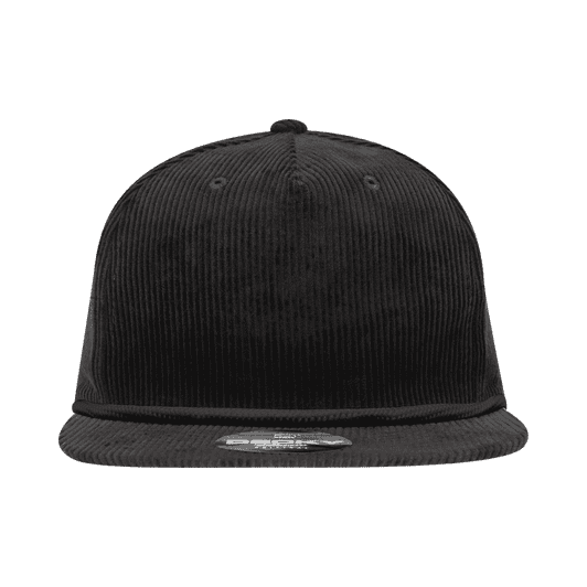 A black 5 Panel High Profile Relaxed Rope Hat with a corduroy texture and a branding logo on the front.